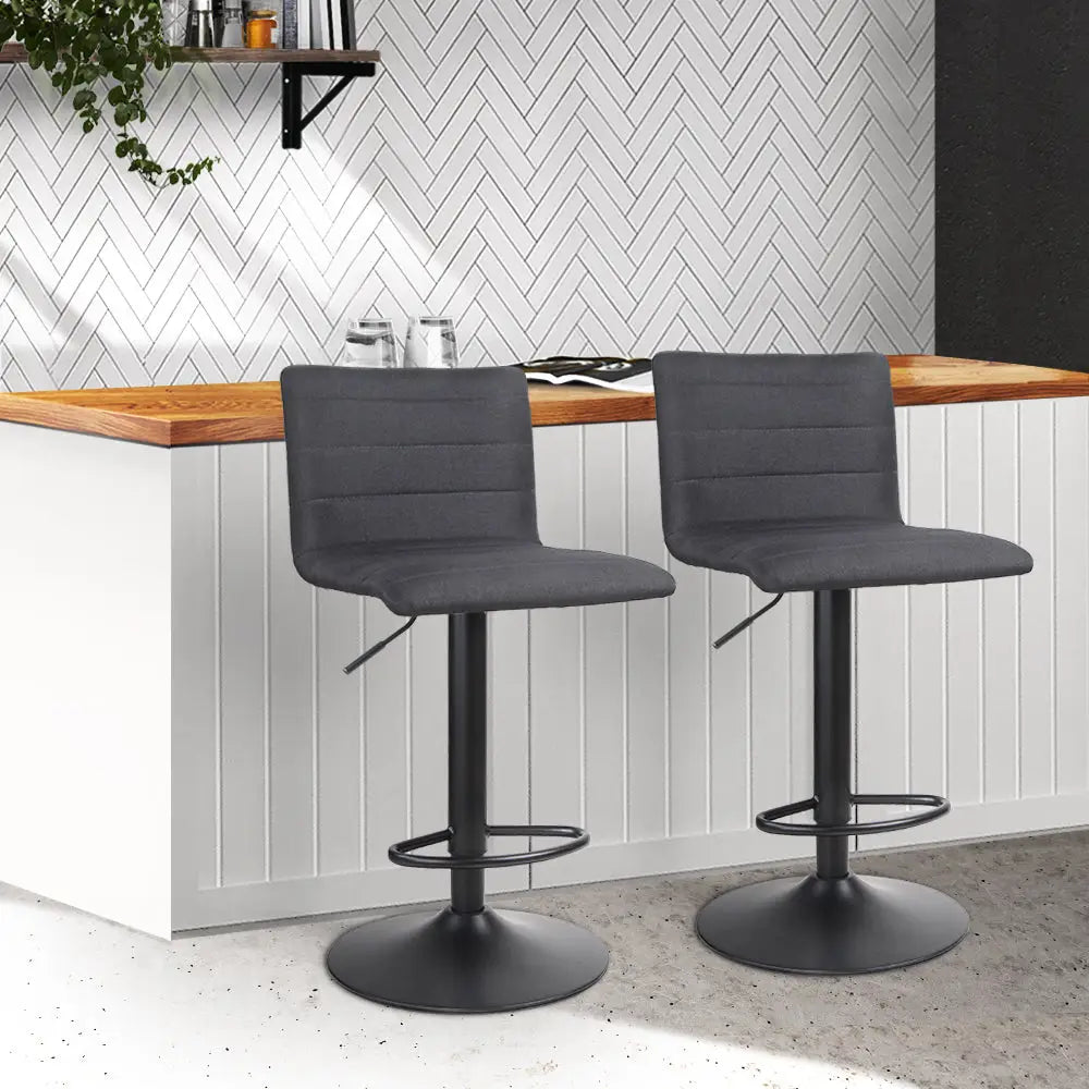 Artiss 2x Bar Stools Gas Lift Linen Fabric Black - Furniture > Bar Stools & Chairs