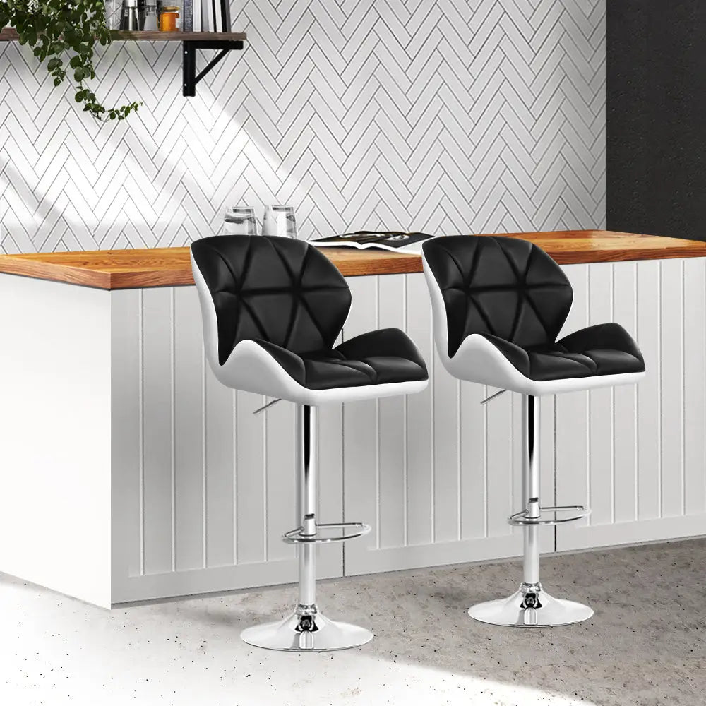 Artiss 2x Bar Stools Gas Lift Padded Leather Black & White - Furniture > Bar Stools & Chairs