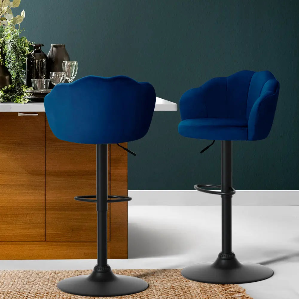 Artiss 2x Bar Stools Gas Lift Velvet Blue - Furniture > Bar Stools & Chairs