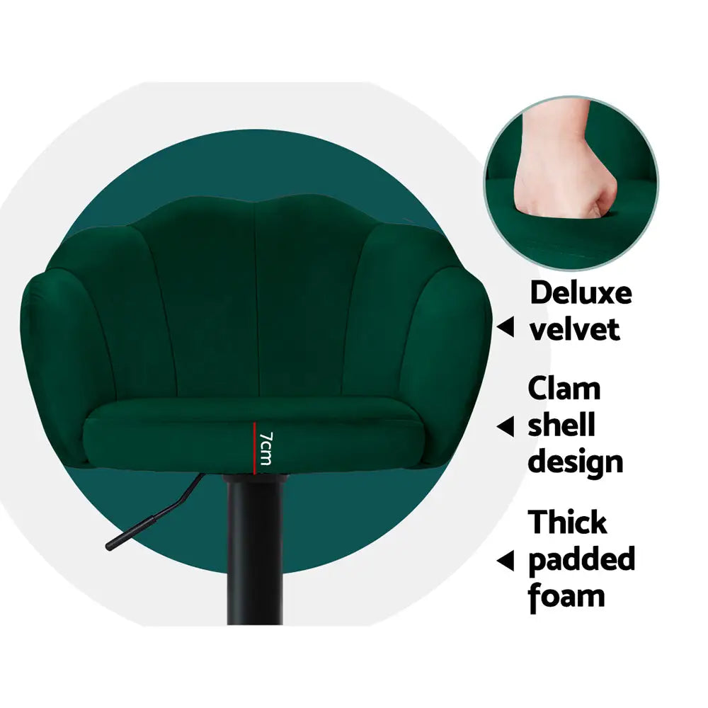 Artiss 2x Bar Stools Gas Lift Velvet Green - Furniture > Bar Stools & Chairs