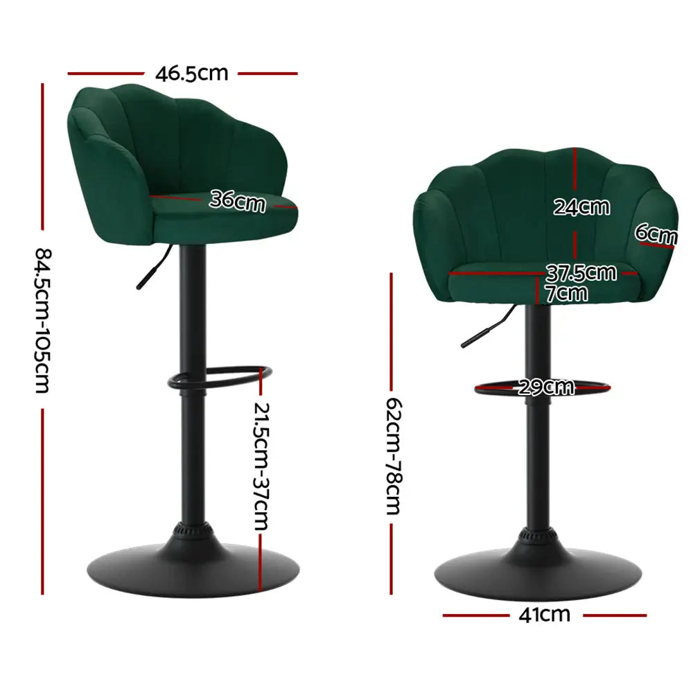 Artiss 2x Bar Stools Gas Lift Velvet Green - Furniture > Bar Stools & Chairs
