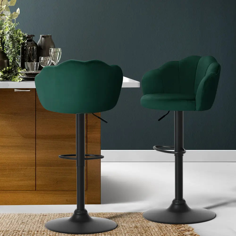 Artiss 2x Bar Stools Gas Lift Velvet Green - Furniture > Bar Stools & Chairs