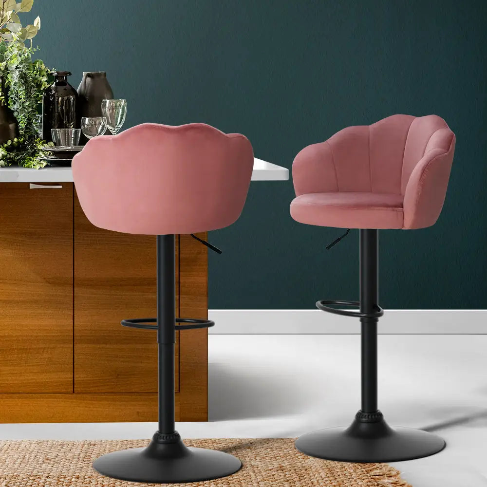 Artiss 2x Bar Stools Gas Lift Velvet Pink - Furniture > Bar Stools & Chairs