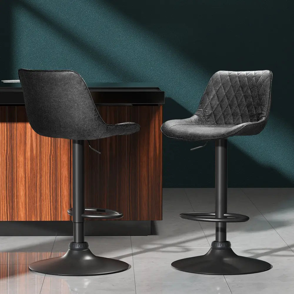 Artiss 2x Bar Stools Gas Lift Vintage Leather Black - Furniture > Bar Stools & Chairs