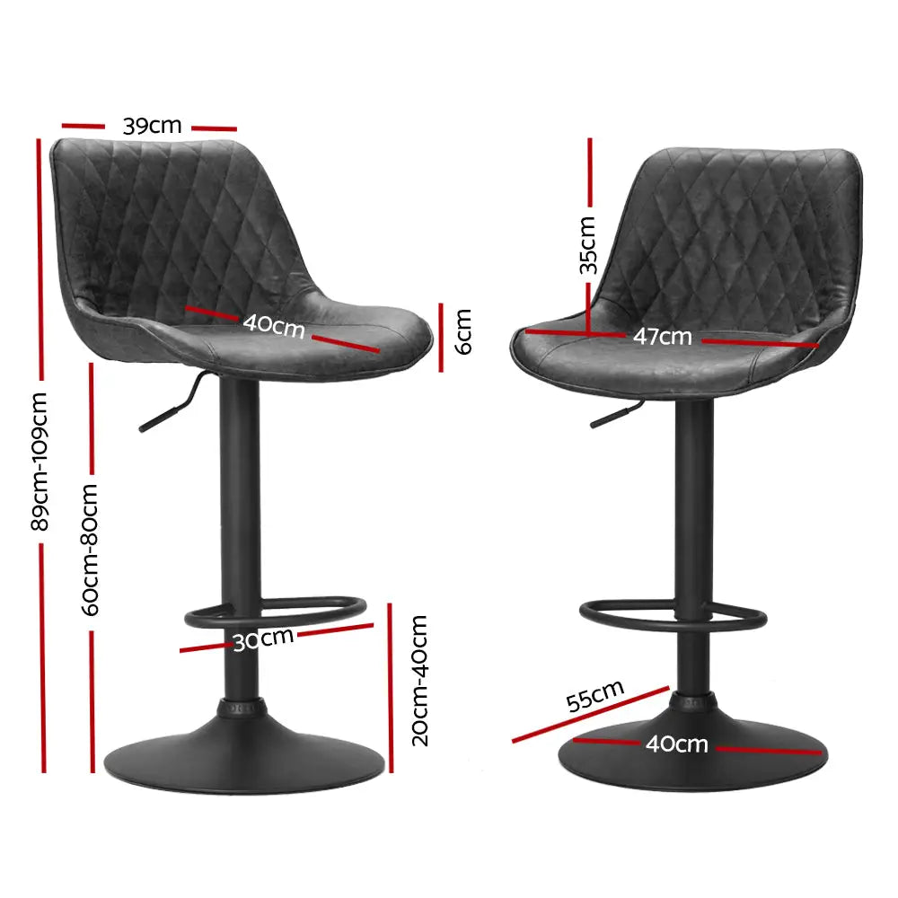 Artiss 2x Bar Stools Gas Lift Vintage Leather Black - Furniture > Bar Stools & Chairs