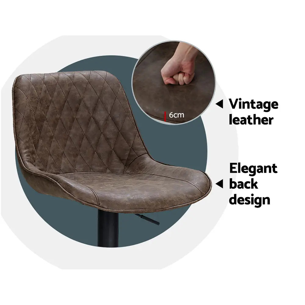 Artiss 2x Bar Stools Gas Lift Vintage Leather Brown - Furniture > Bar Stools & Chairs