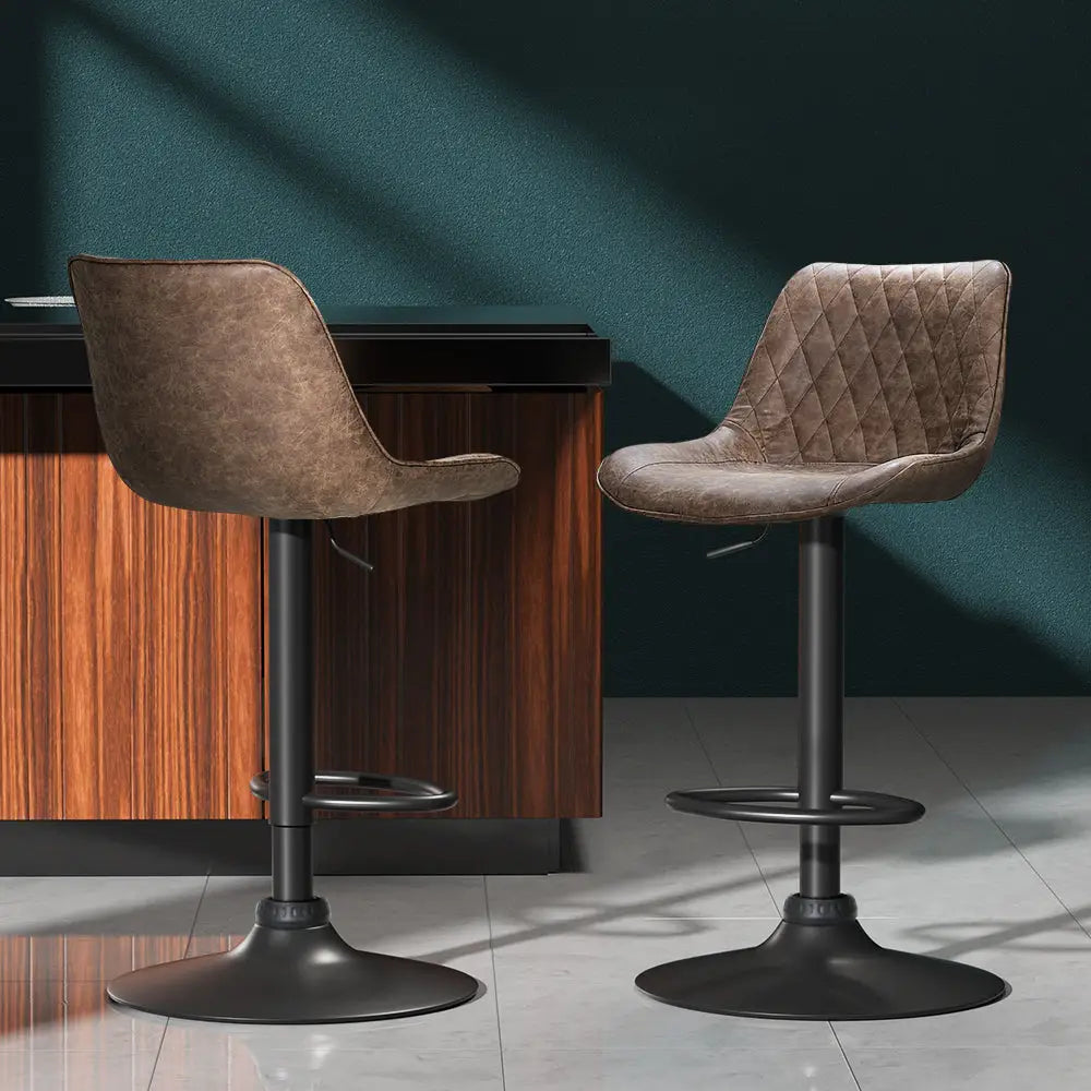 Artiss 2x Bar Stools Gas Lift Vintage Leather Brown - Furniture > Bar Stools & Chairs