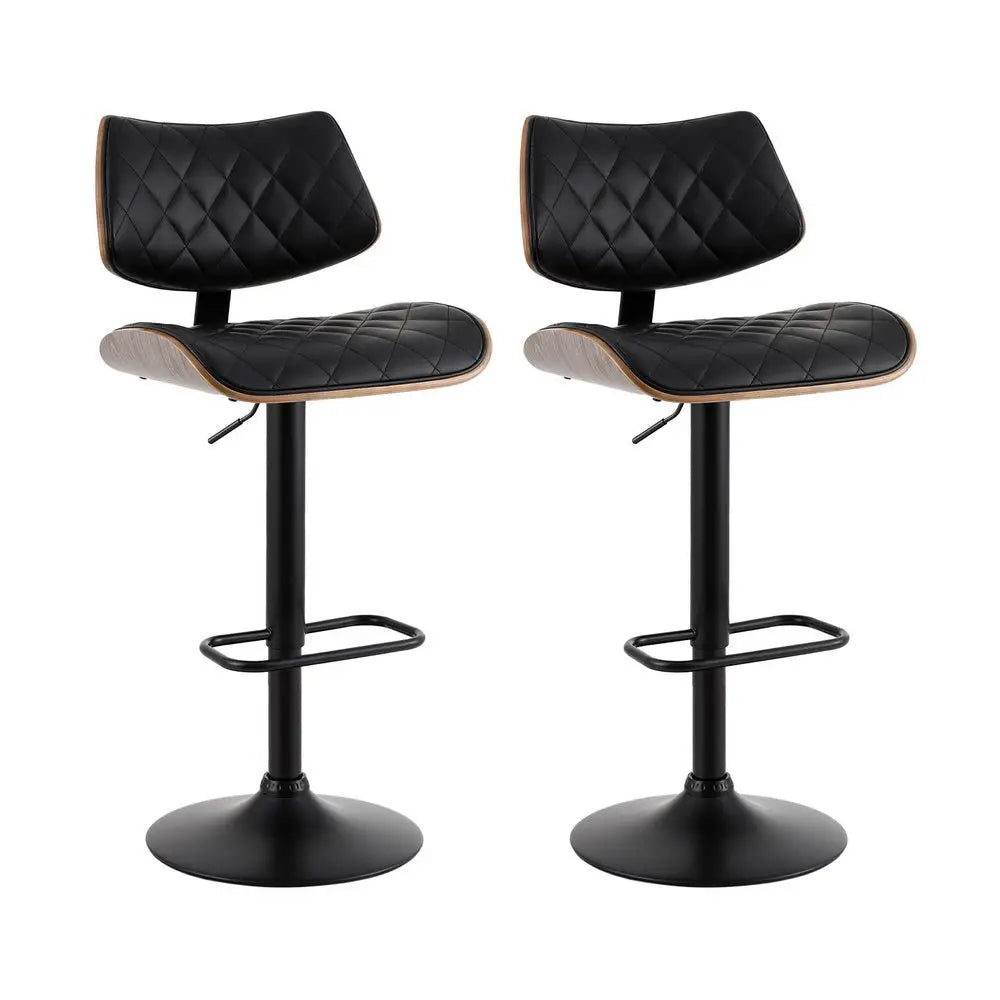 Artiss 2x Bar Stools Kitchen Dining Chairs Gas Lift Stool Wooden Leather Black - Furniture > Bar Stools & Chairs >