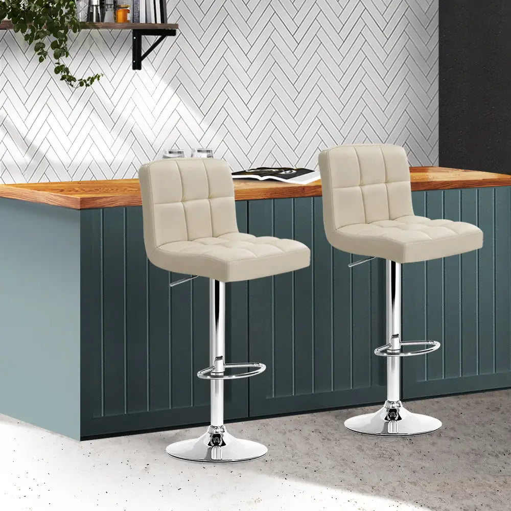 Artiss 2x Bar Stools Leather Gas Lift Beige - Furniture > Bar Stools & Chairs