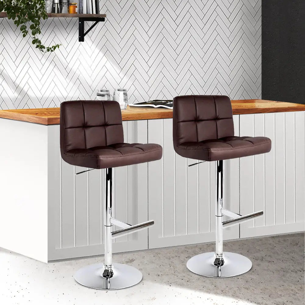 Artiss 2x Bar Stools Leather Gas Lift Brown - Furniture > Bar Stools & Chairs