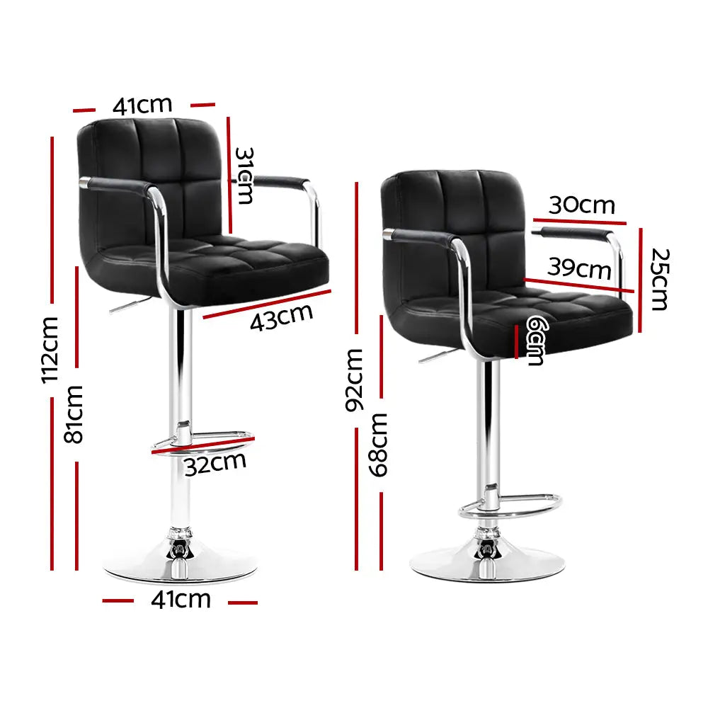 Artiss 2x Bar Stools Leather Gas Lift w/Armrest Black - Furniture > Bar Stools & Chairs
