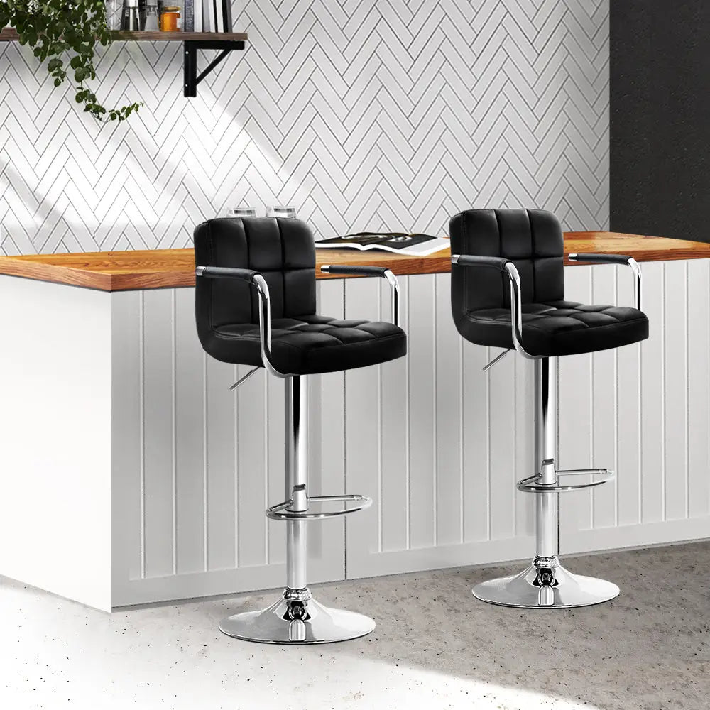 Artiss 2x Bar Stools Leather Gas Lift w/Armrest Black - Furniture > Bar Stools & Chairs