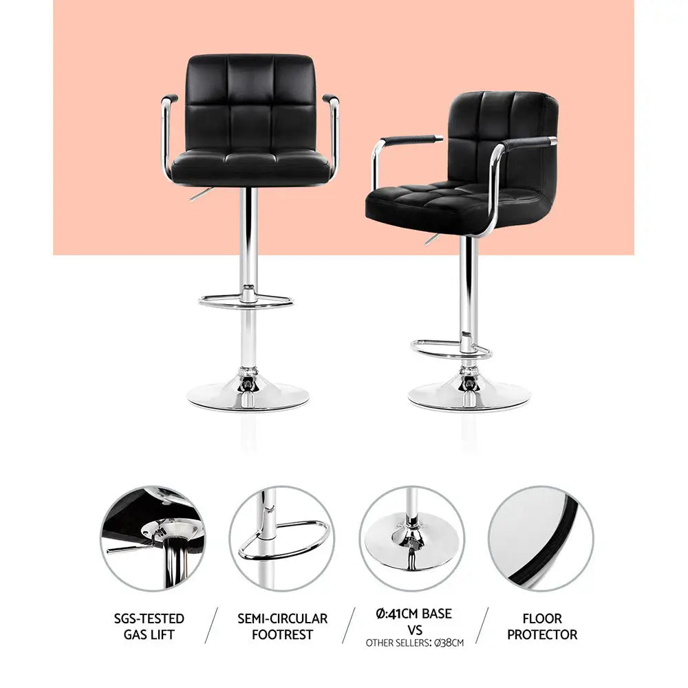 Artiss 2x Bar Stools Leather Gas Lift w/Armrest Black - Furniture > Bar Stools & Chairs