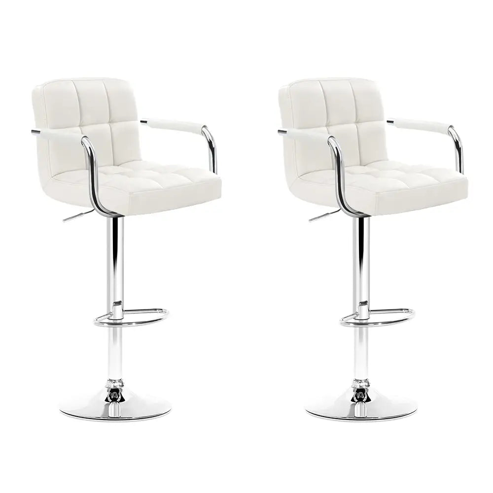 Artiss 2x Bar Stools Leather Gas Lift w/Armrest White - Furniture > Bar Stools & Chairs