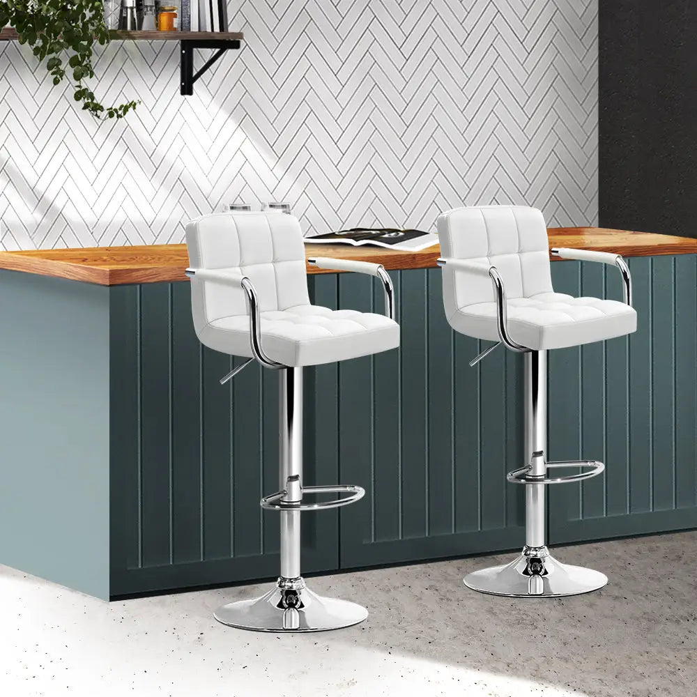 Artiss 2x Bar Stools Leather Gas Lift w/Armrest White - Furniture > Bar Stools & Chairs