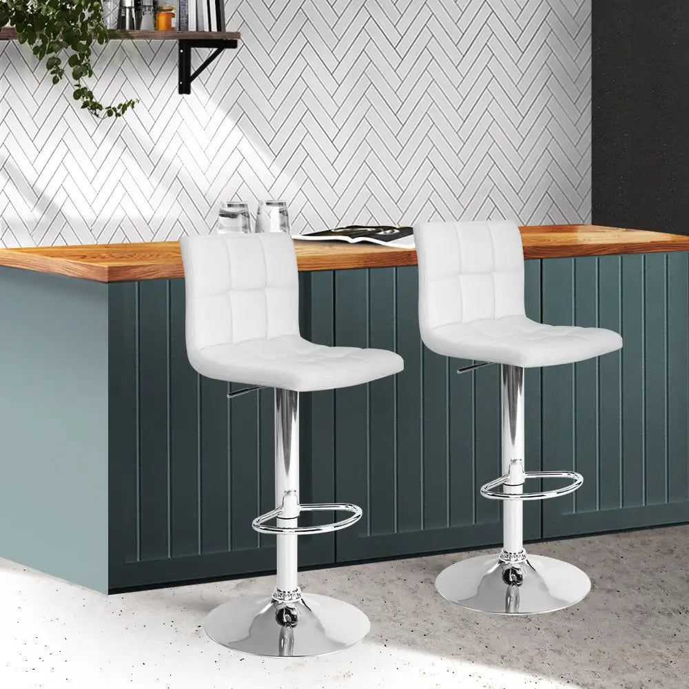 Artiss 2x Bar Stools Leather Gas Lift White - Furniture > Bar Stools & Chairs