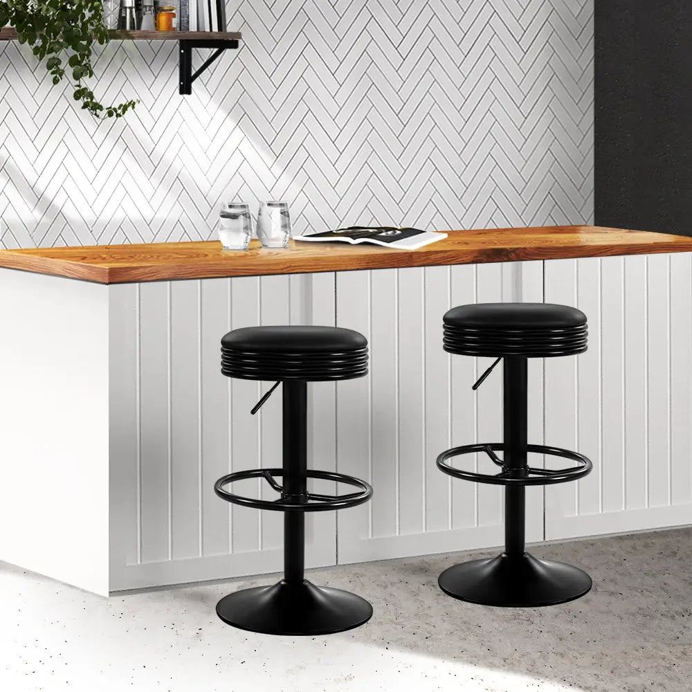 Artiss 2x Bar Stools Leather Padded Gas Lift Black - Furniture > Bar Stools & Chairs