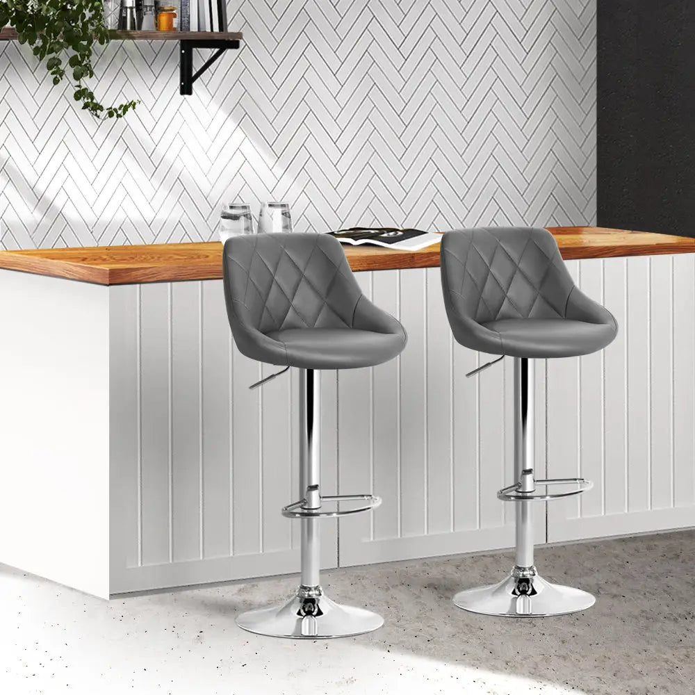 Artiss 2x Bar Stools Leather Padded Gas Lift Grey - Furniture > Bar Stools & Chairs