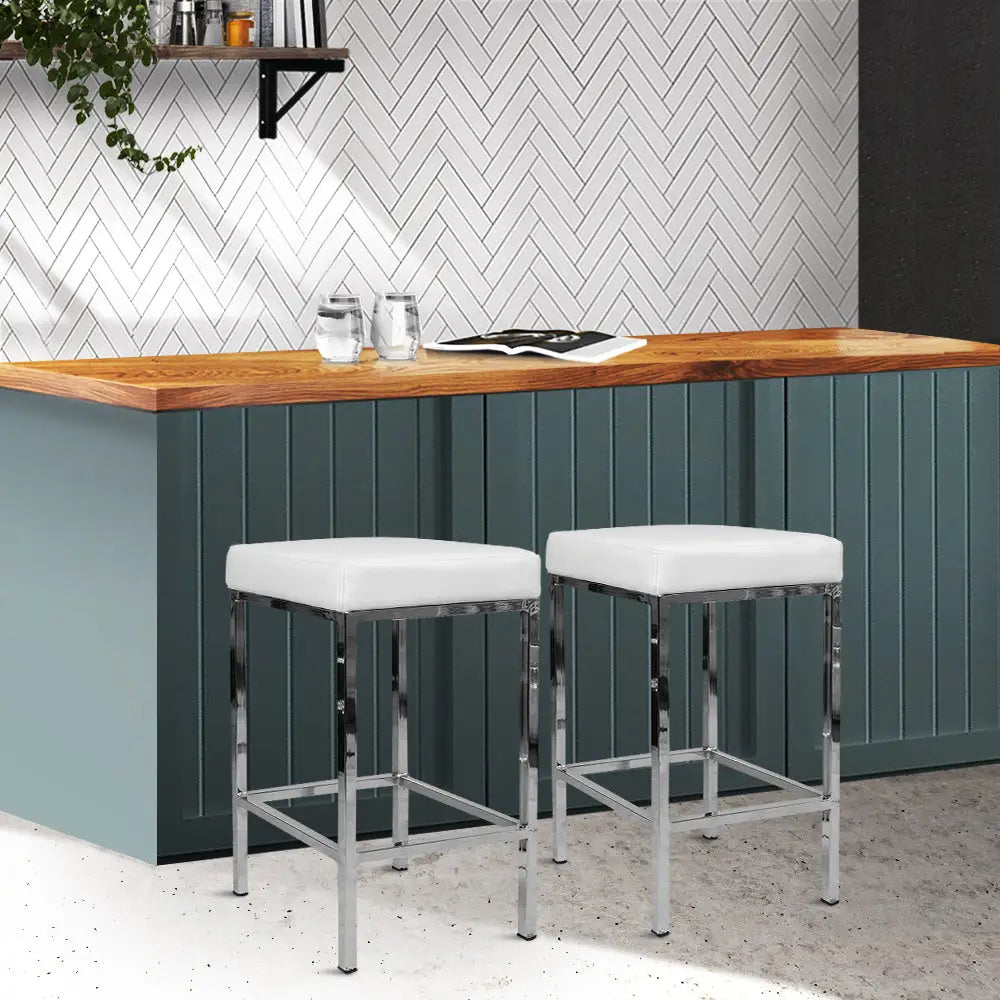 Artiss 2x Bar Stools Leather Padded Metal White - Furniture > Bar Stools & Chairs