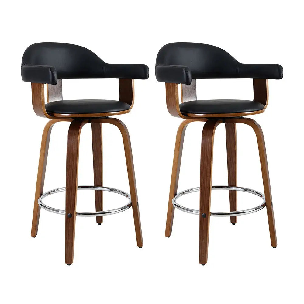 Artiss 2x Bar Stools Leather Seat Wooden Legs - Furniture > Bar Stools & Chairs