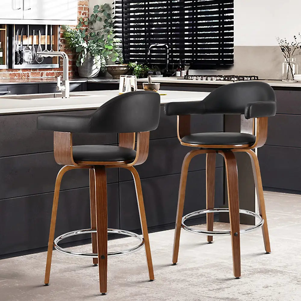 Artiss 2x Bar Stools Leather Seat Wooden Legs - Furniture > Bar Stools & Chairs