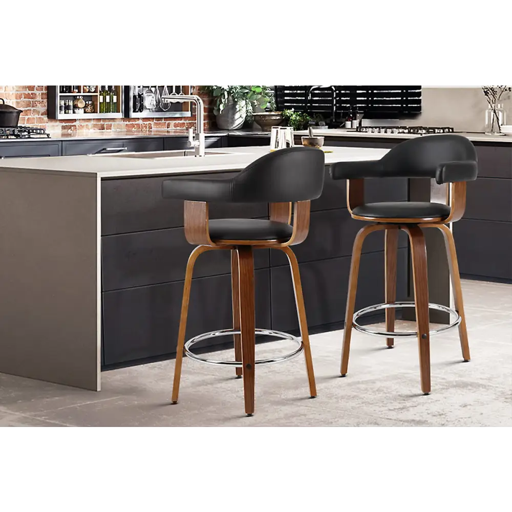Artiss 2x Bar Stools Leather Seat Wooden Legs - Furniture > Bar Stools & Chairs