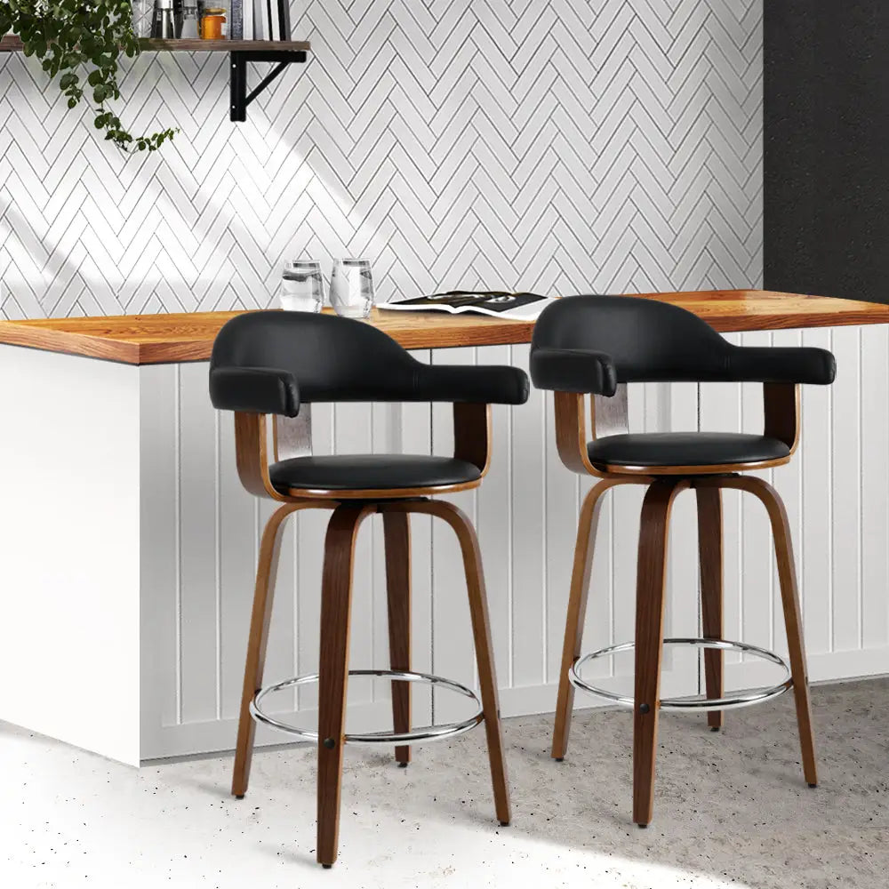 Artiss 2x Bar Stools Leather Seat Wooden Legs - Furniture > Bar Stools & Chairs