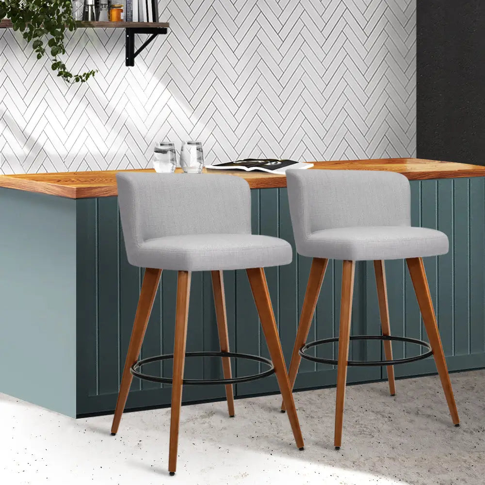 Artiss 2x Bar Stools Linen Padded Wooden Grey - Furniture > Bar Stools & Chairs