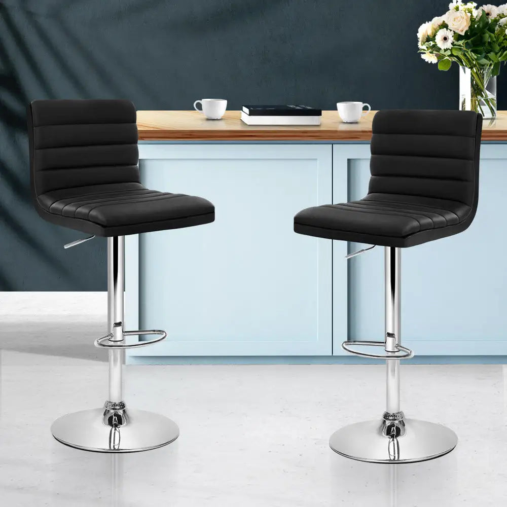Artiss 2x Bar Stools Padded Leather Gas Lift Black - Furniture > Bar Stools & Chairs