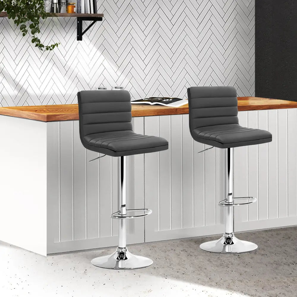 Artiss 2x Bar Stools Padded Leather Gas Lift Grey - Furniture > Bar Stools & Chairs