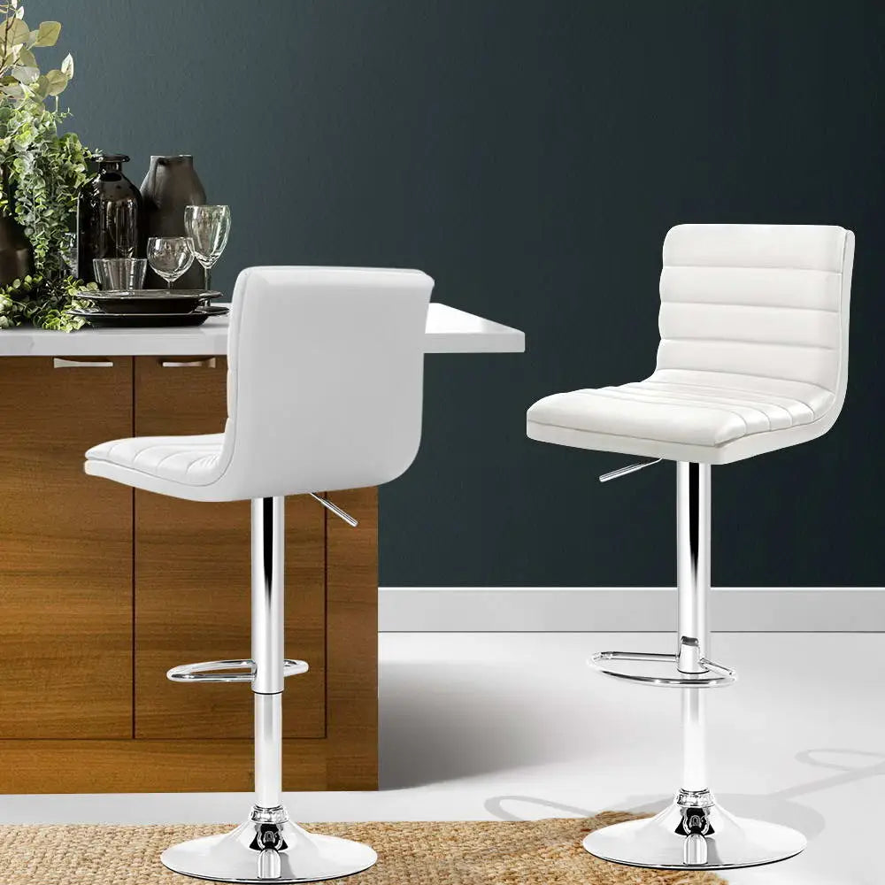 Artiss 2x Bar Stools Padded Leather Gas Lift White - Furniture > Bar Stools & Chairs