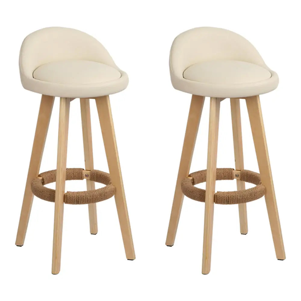 Artiss 2x Bar Stools Padded Leather Wooden Beige - Furniture > Bar Stools & Chairs