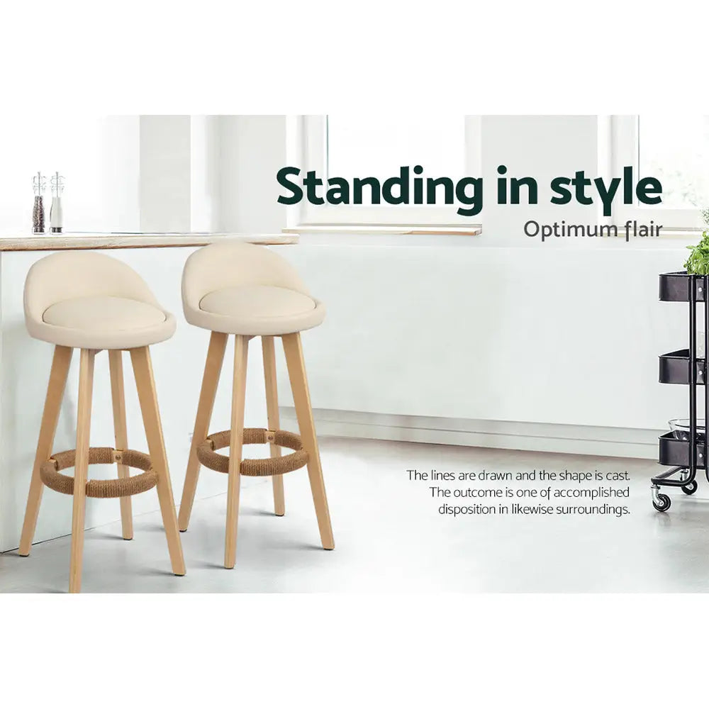 Artiss 2x Bar Stools Padded Leather Wooden Beige - Furniture > Bar Stools & Chairs