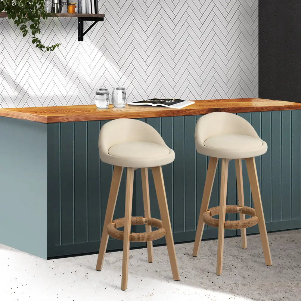 Artiss 2x Bar Stools Padded Leather Wooden Beige - Furniture > Bar Stools & Chairs