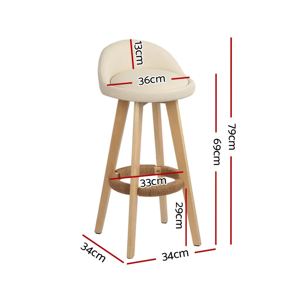 Artiss 2x Bar Stools Padded Leather Wooden Beige - Furniture > Bar Stools & Chairs