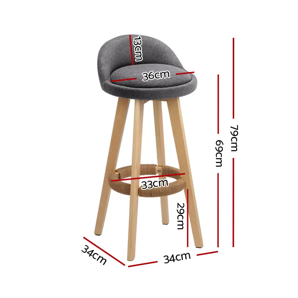 Artiss 2x Bar Stools Padded Linen Wooden Grey - Furniture > Bar Stools & Chairs