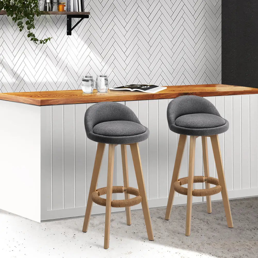 Artiss 2x Bar Stools Padded Linen Wooden Grey - Furniture > Bar Stools & Chairs