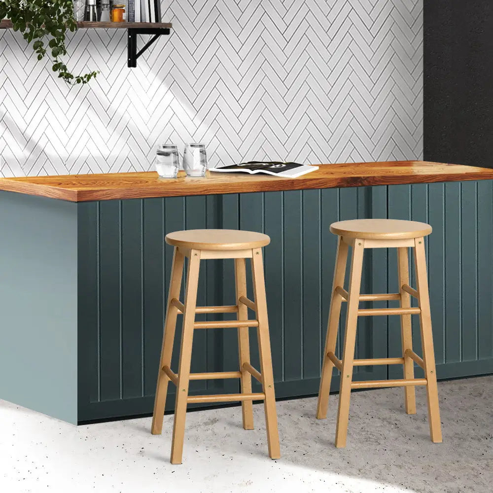 Artiss 2x Bar Stools Round Chairs Wooden Nature - Furniture > Bar Stools & Chairs