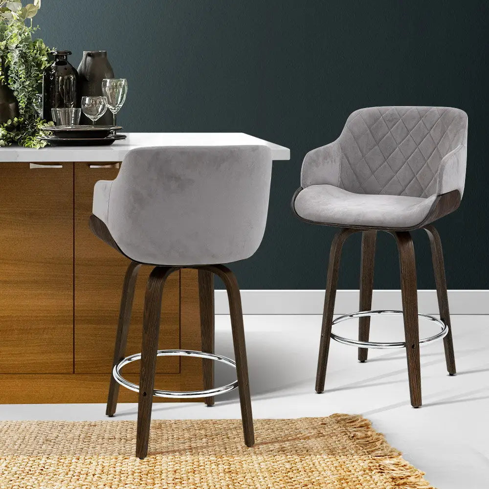 Artiss 2x Bar Stools Swivel Velvet Padded Wooden - Furniture > Bar Stools & Chairs