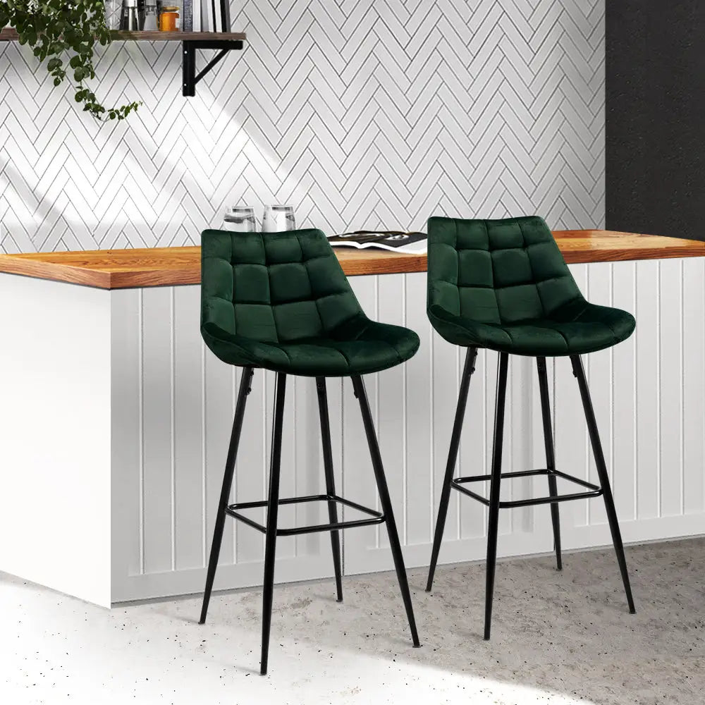 Artiss 2x Bar Stools Velvet Chairs Green - Furniture > Bar Stools & Chairs
