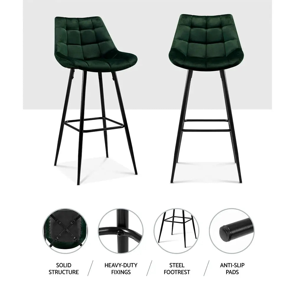 Artiss 2x Bar Stools Velvet Chairs Green - Furniture > Bar Stools & Chairs