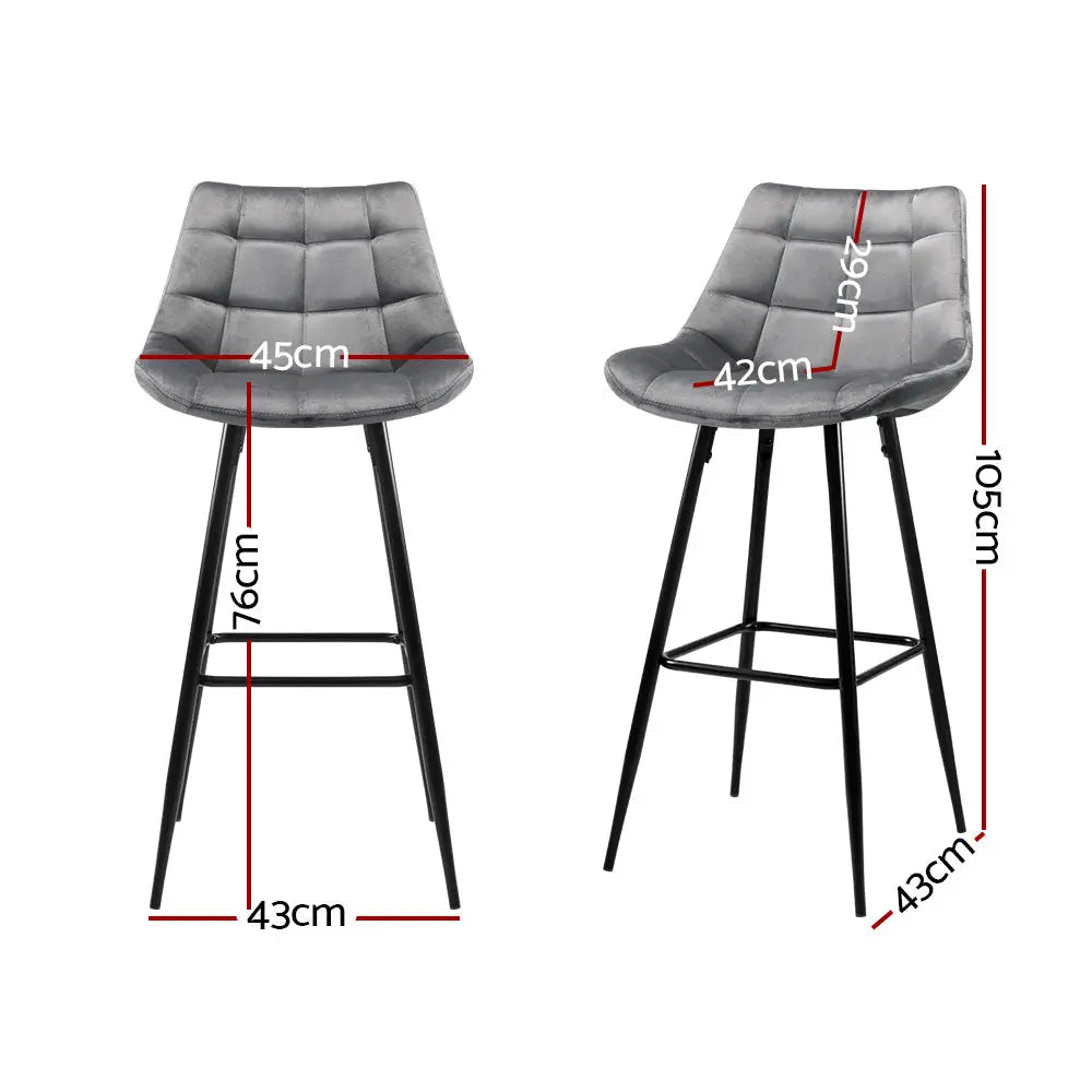 Artiss 2x Bar Stools Velvet Chairs Grey - Furniture > Bar Stools & Chairs