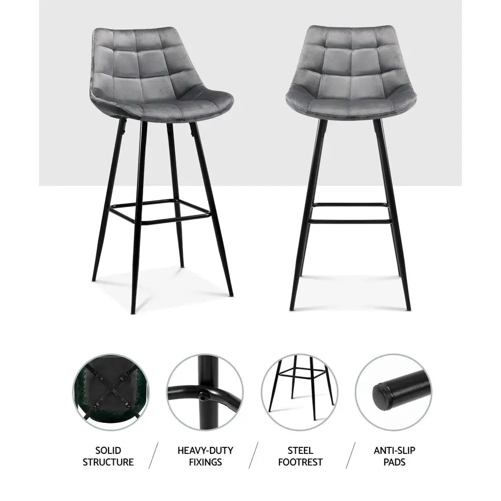 Artiss 2x Bar Stools Velvet Chairs Grey - Furniture > Bar Stools & Chairs