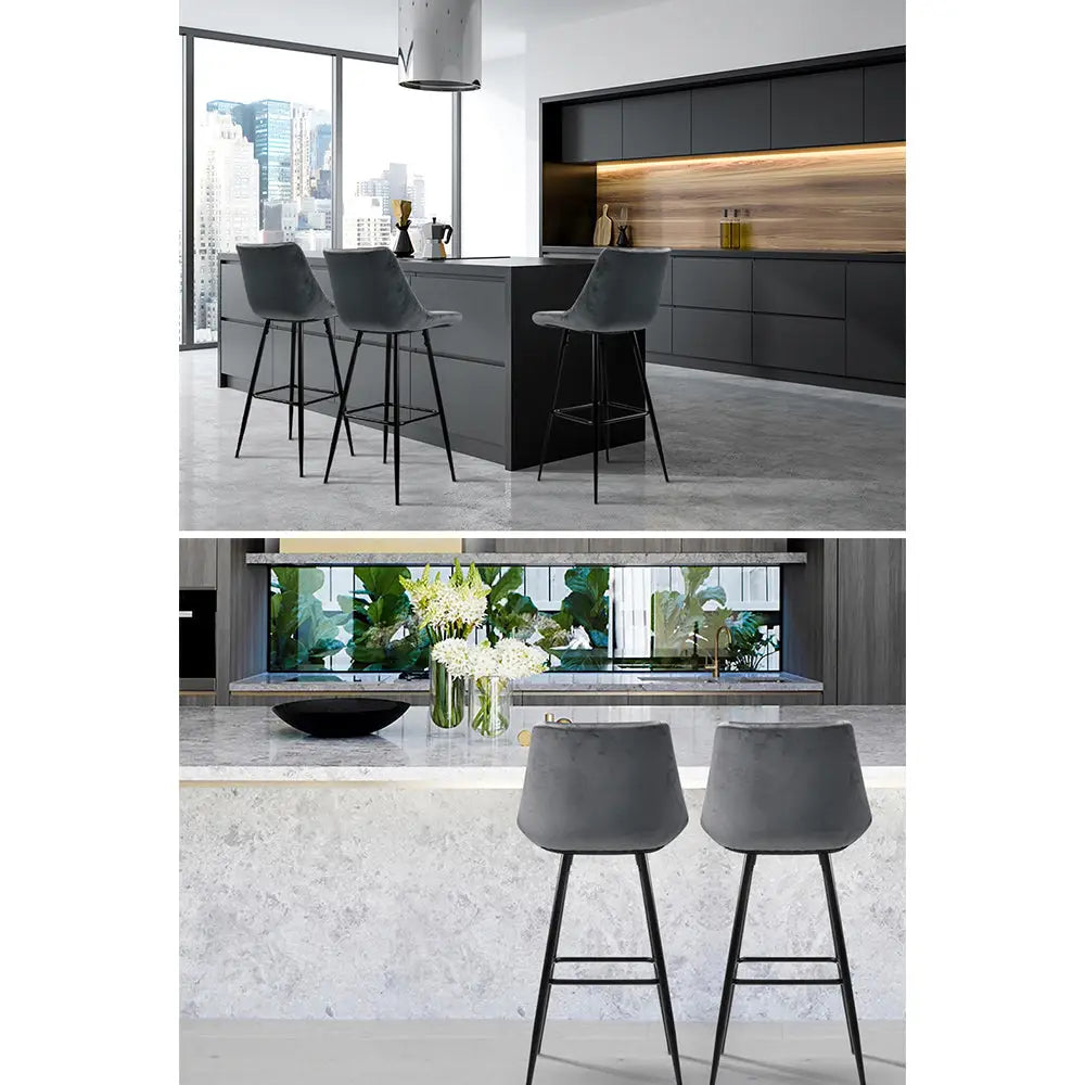 Artiss 2x Bar Stools Velvet Chairs Grey - Furniture > Bar Stools & Chairs