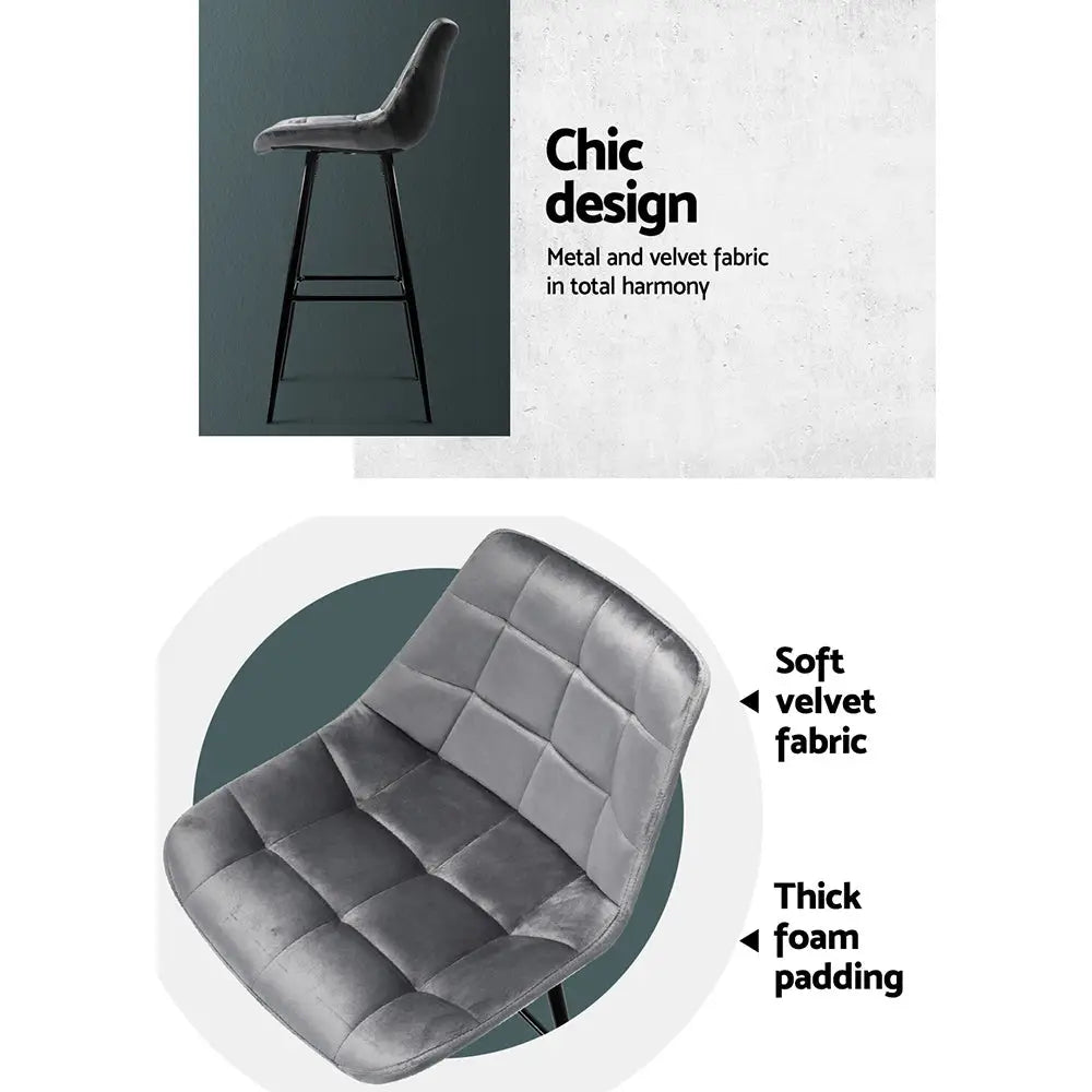 Artiss 2x Bar Stools Velvet Chairs Grey - Furniture > Bar Stools & Chairs
