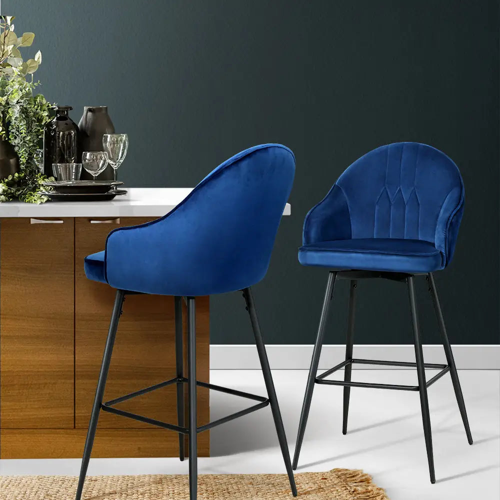 Artiss 2x Bar Stools Velvet Swivel Metal Legs Blue - Furniture > Bar Stools & Chairs