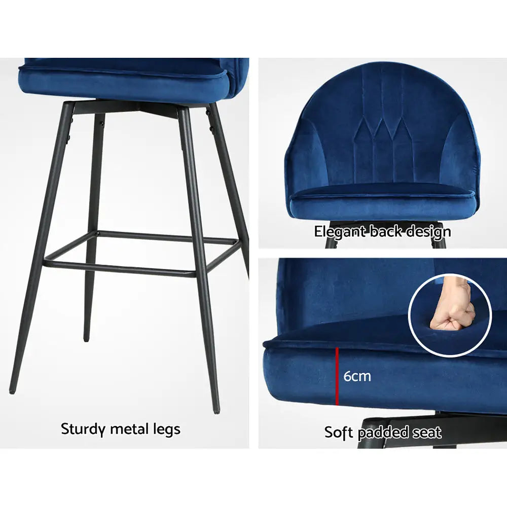 Artiss 2x Bar Stools Velvet Swivel Metal Legs Blue - Furniture > Bar Stools & Chairs