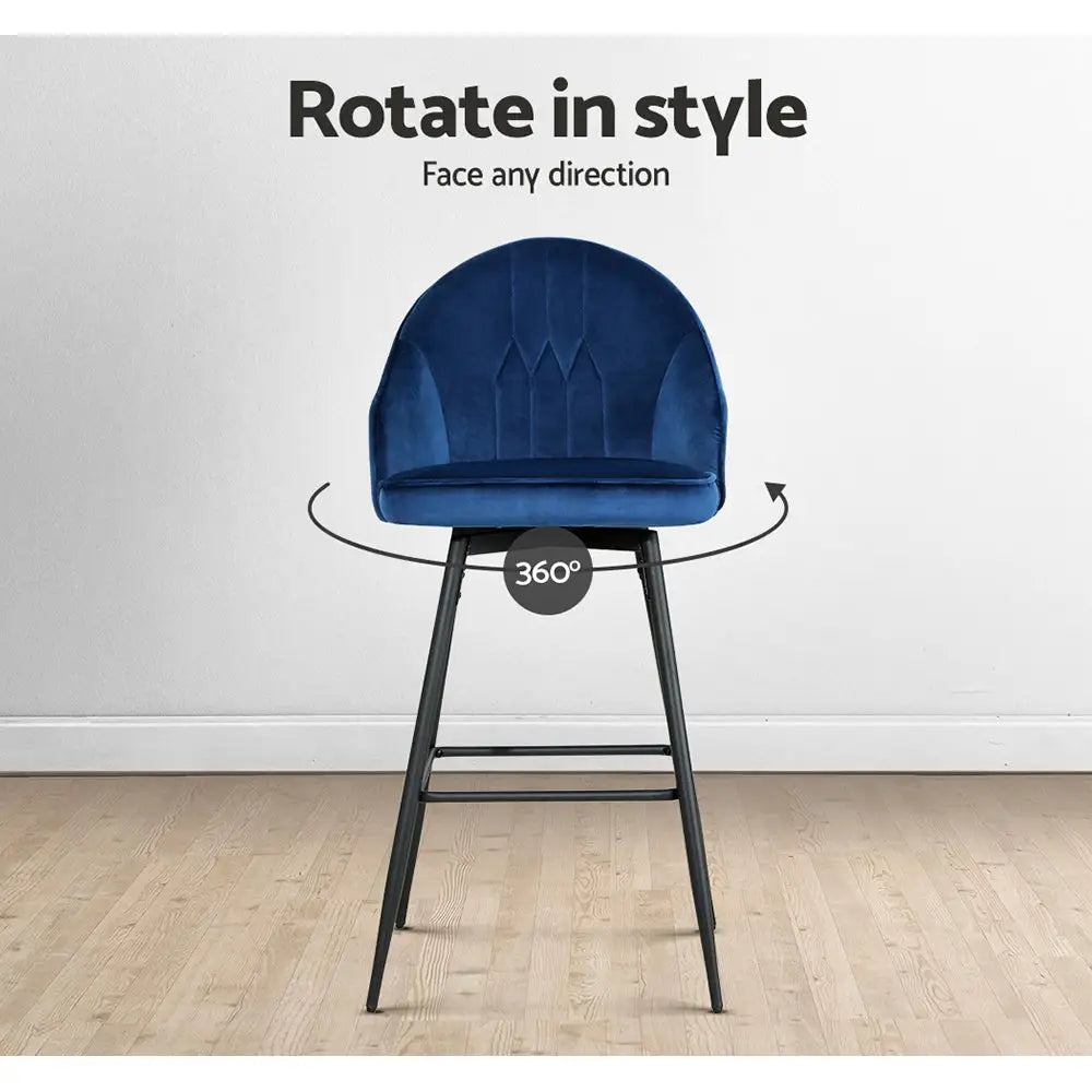 Artiss 2x Bar Stools Velvet Swivel Metal Legs Blue - Furniture > Bar Stools & Chairs