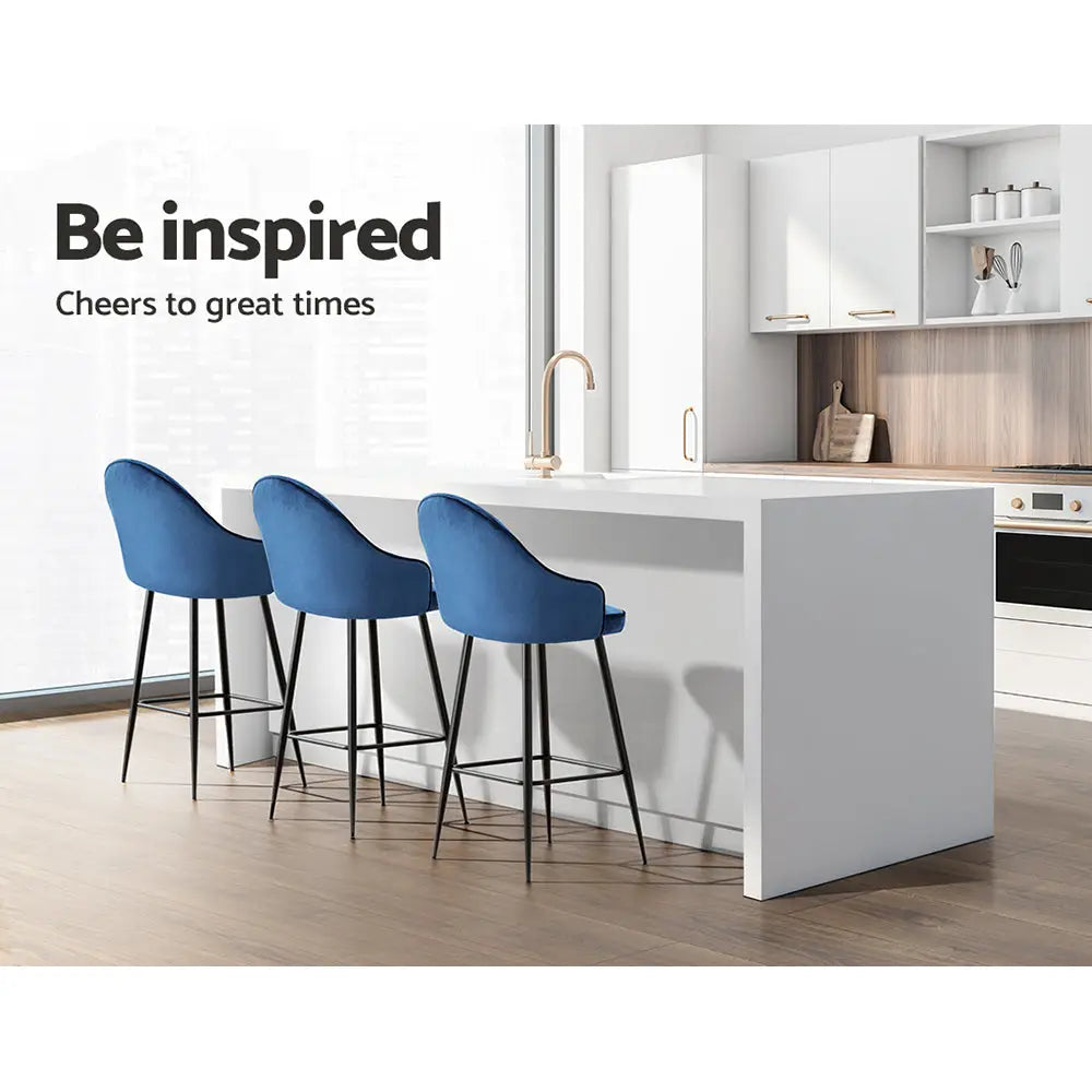 Artiss 2x Bar Stools Velvet Swivel Metal Legs Blue - Furniture > Bar Stools & Chairs