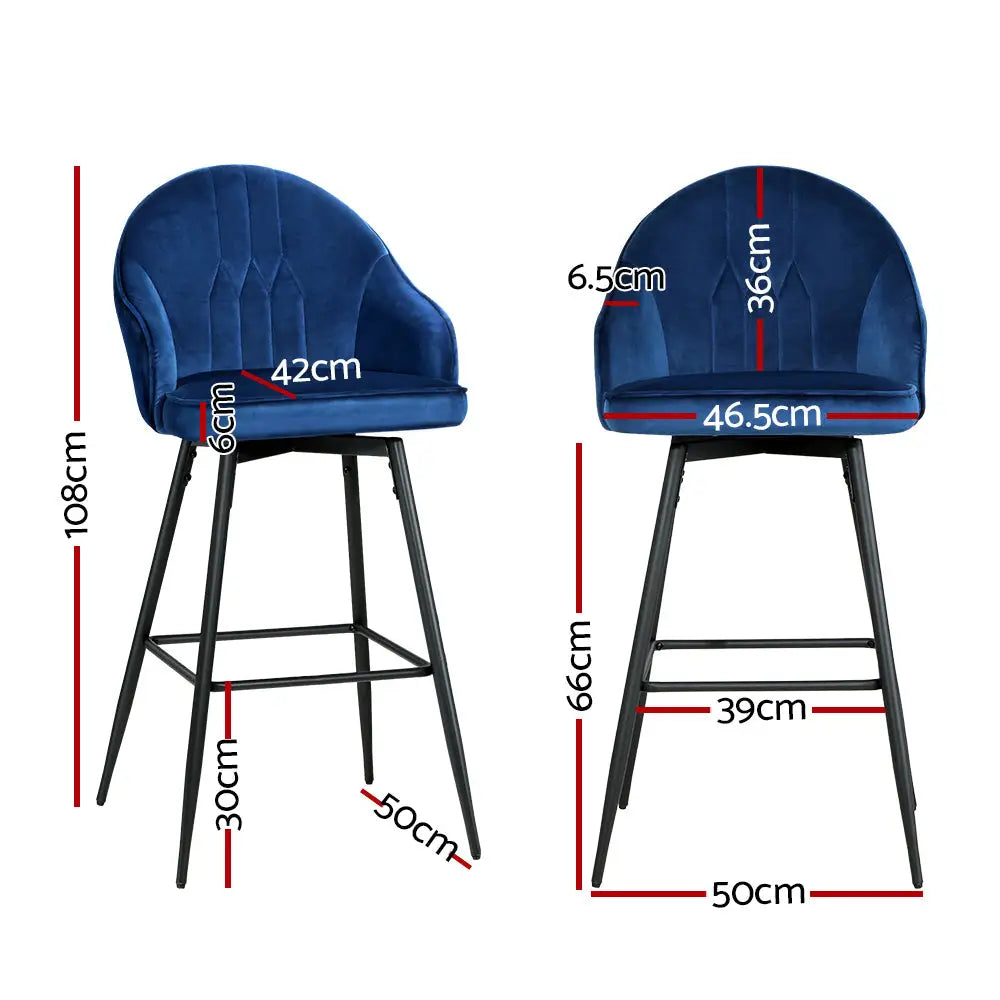 Artiss 2x Bar Stools Velvet Swivel Metal Legs Blue - Furniture > Bar Stools & Chairs